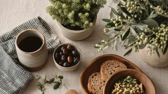 Eco friendly lifestyle flatlay featuring plants  healthy food  and natural materials  creating serene atmosphere