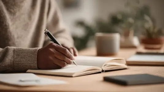 Person writes gratitude journal with pen wooden table  surrounded by plants and cup  scene conveys calmness and reflection