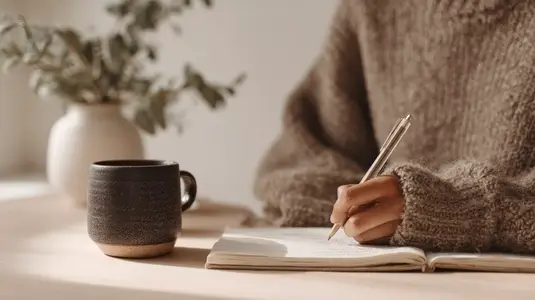 Cozy atmosphere with person writing in journal  wearing warm sweater  and cup of coffee nearby
