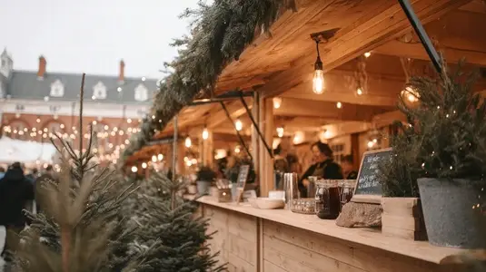 Cozy Christmas market featuring wooden stalls adorned with greenery  warm lights  and festive decorations  creating joyful