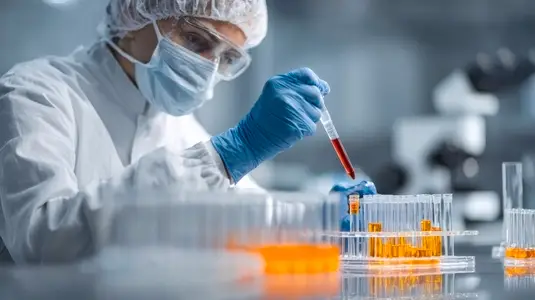 Scientist conducting experiments with test tubes in sterile laboratory environment  showcasing precision and focus