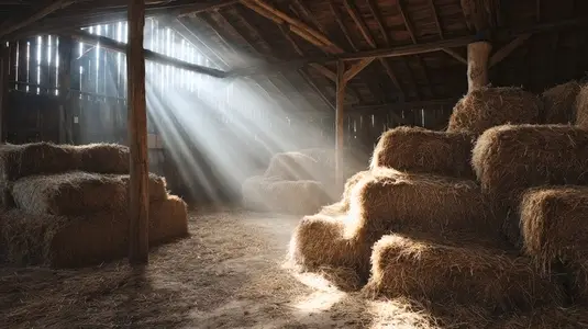 Rustic barn interior with hay bales  sunlight streaming through wooden beams  creating warm and inviting atmosphere