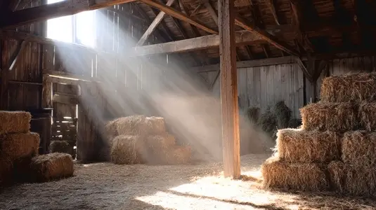 Rustic barn interior with hay bales  sunlight streaming through wooden beams  creating warm and inviting atmosphere
