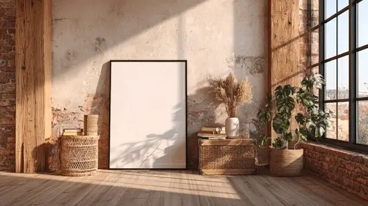 Minimalist interior featuring blank poster frame against rustic wall  surrounded by natural light and greenery  creating