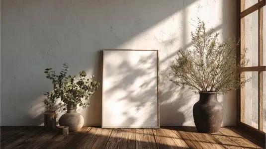 Serene interior scene featuring blank poster frame rustic wall  complemented by potted plants and natural light  warm ambiance