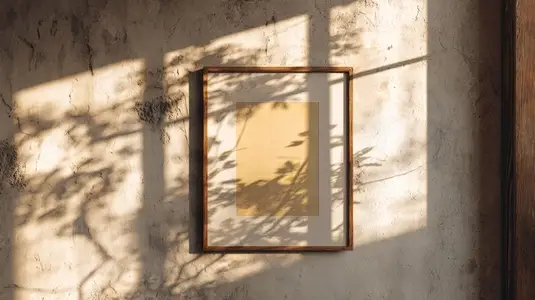 Framed artwork on rustic wall  illuminated by natural light  casting shadows from nearby foliage  creates serene atmosphere