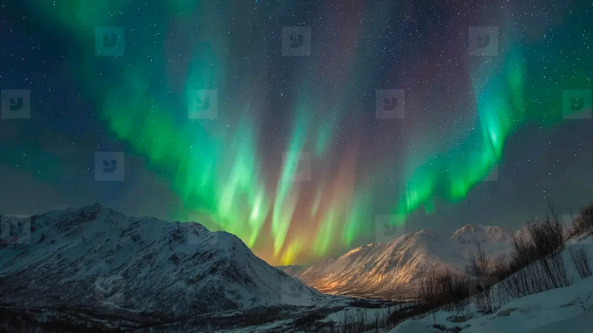 Northern Lights Dancing In Night Sky Over Snow Covered Mountains Create ...