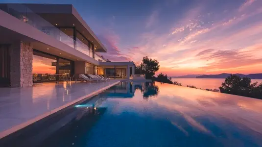 Modern architecture villa with infinity pool  sunset view  serene atmosphere  luxurious design  outdoor living space