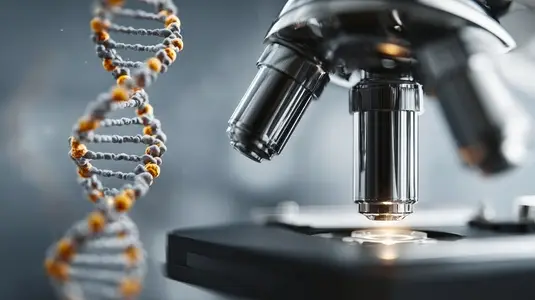 Microscope close up with DNA model  showcasing intricate details and scientific exploration  image evokes curiosity