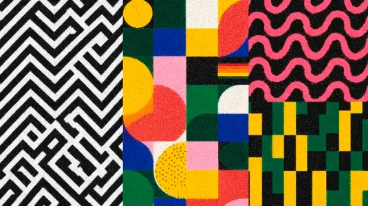 High contrast geometric patterns vivid colors create dynamic visual experience  design features bold shapes and lines