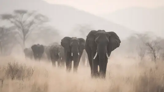 Herd of elephants walking through African savanna  surrounded by misty landscape  showcasing their majestic presence