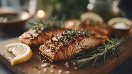 Grilled salmon steak garnished with herbs and lemon slices  served on wooden board  evokes delicious and healthy meal