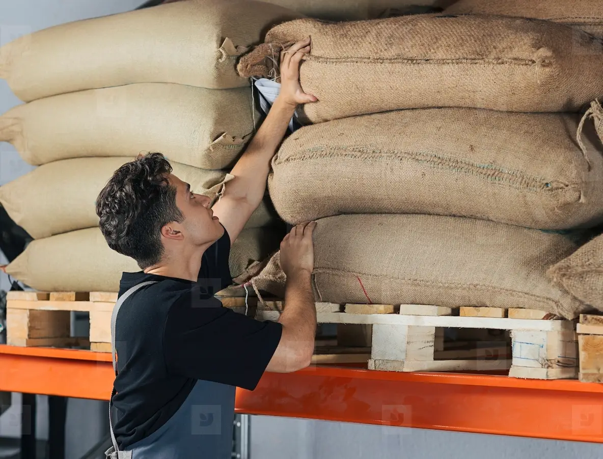 Warehouse Worker Moving A Bag On A Shelf. Young Employee In An Apron ...