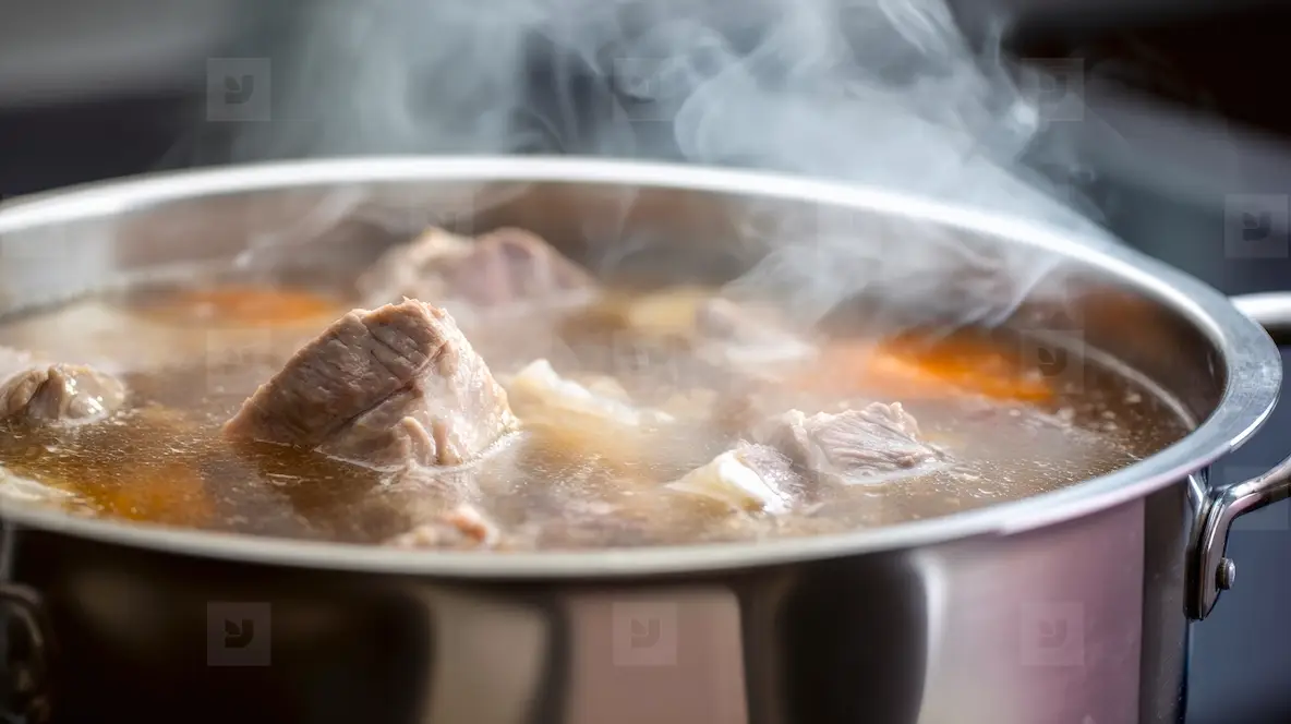 Boiling Meat Broth Pot Stove Steam Simmering, Traditional Soup Stock ...